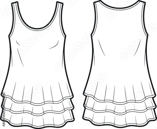 Technical fashion flat sketch of a women’s long sleeve mini dress featuring a sweetheart bodice illusion, fitted waist, and tiered ruffled hemline.