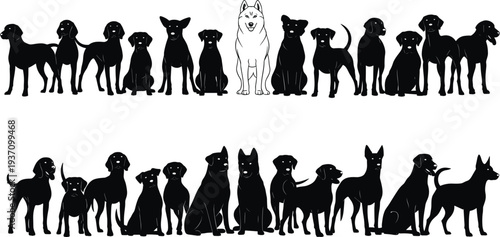 Dog Silhouettes Collection Featuring a Husky and Various Breeds vector illustration