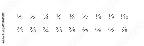 Mathematical fractions set with common fraction symbols