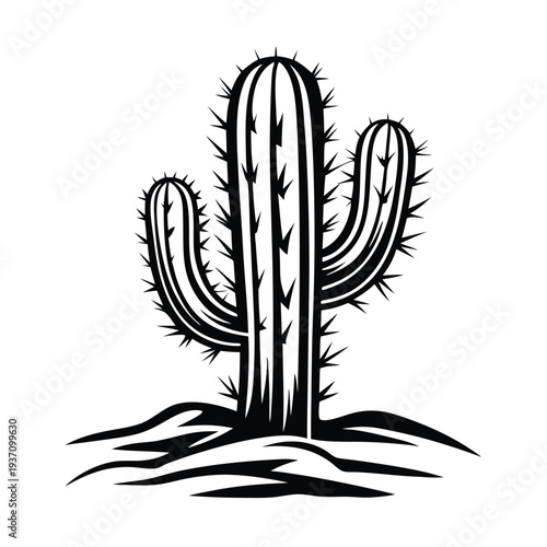 Illustrated cactus in the arid desert with mountains is rendered in black and white