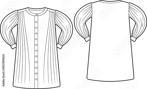 Technical fashion flat sketch of a women’s pintuck pleated button-down tunic dress with voluminous puff sleeves, crew neckline, and front placket for garment manufacturing.