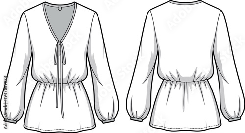 MobileTechnical fashion flat sketch of a women's long sleeve peasant blouse featuring a deep v-neckline with front tie closure and elastic waist