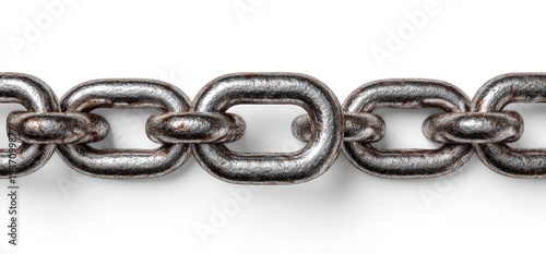 Rusted metal chain links form a horizontal line against a white background