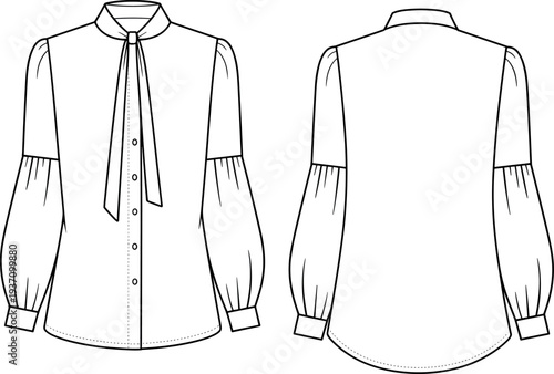MobileTechnical fashion flat sketch of a women's long sleeve pussy bow blouse featuring puff sleeves with button cuffs for apparel tech packsTechnical fashion 