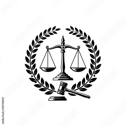 Symbol of justice with scales and gavel enclosed in a laurel wreath