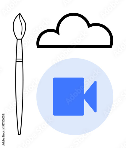 Creativity, digital media, cloud storage, art, video production, online sharing. ion of a paintbrush, cloud outline and blue video camera icon. Creativity and digital media depiction