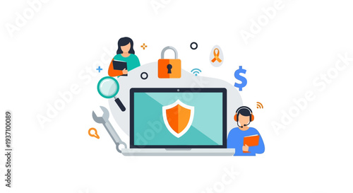 Cybersecurity and Technical Support Illustration. Data Protection, Online Network Security, IT Helpdesk, and Secure Digital Business Management Concept.