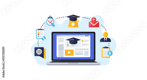 E-learning System Workflow. Online Education Management, Distance Learning Curriculum, and Digital Certification Process on Laptop Screen.