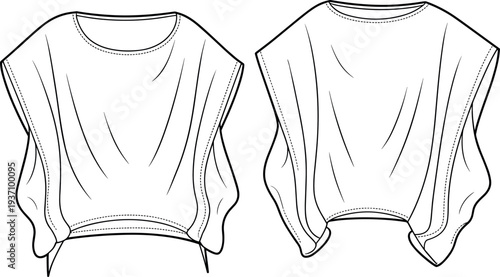 Technical fashion flat sketch of a women's oversized batwing sleeve top featuring a draped silhouette, wide scoop neckline, and dolman style construction for manufacturing.