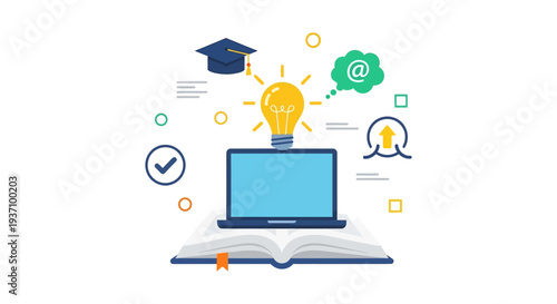 E-Learning and Digital Education Concept: Online Knowledge Transfer, Academic Success, and EdTech Innovation Illustration.