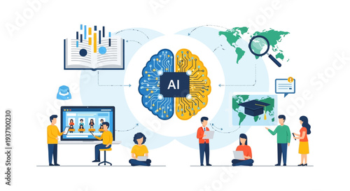 AI Powered Education and E-Learning Concept. Global Knowledge Transfer, Online University, and Machine Learning Technology Integration.