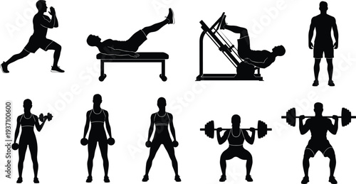 Fitness workout silhouettes collection showing men and women performing gym exercises with dumbbells, barbell squat, leg press and body training isolated on light background