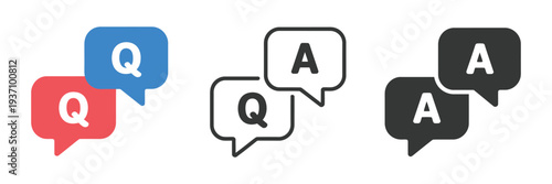 QA icon, question speech bubble and answer message symbols, black flat vector design representing explanations, help forms, inquiry responses, customer support