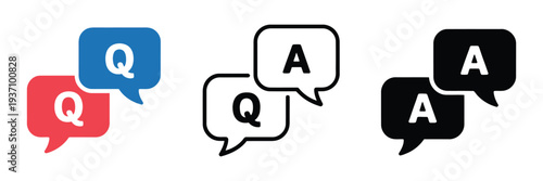 QA icon, question speech bubble and answer message symbols, black flat vector design representing explanations, help forms, inquiry responses, customer support