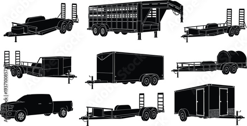 Trailer and pickup truck silhouette collection featuring cargo trailers, flatbed trailers and utility transport vehicles isolated on light background transportation and logistics concept
