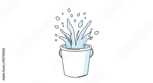 bucket, water, splash, overflow, spill, liquid, drop, droplets, wave, aqua, blue, clean, fresh, washing, wash, pail, container, handle, cartoon, cute, funny, playful, icon, symbol, vector, illustratio