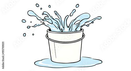 bucket, water, splash, overflow, spill, liquid, drop, droplets, wave, aqua, blue, clean, fresh, washing, wash, pail, container, handle, cartoon, cute, funny, playful, icon, symbol, vector, illustratio