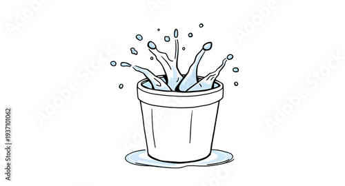 bucket, water, splash, overflow, spill, liquid, drop, droplets, wave, aqua, blue, clean, fresh, washing, wash, pail, container, handle, cartoon, cute, funny, playful, icon, symbol, vector, illustratio