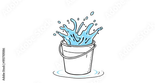 bucket, water, splash, overflow, spill, liquid, drop, droplets, wave, aqua, blue, clean, fresh, washing, wash, pail, container, handle, cartoon, cute, funny, playful, icon, symbol, vector, illustratio