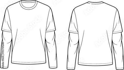A white long-sleeved shirt with black outlines and cuffs shown from front and back views