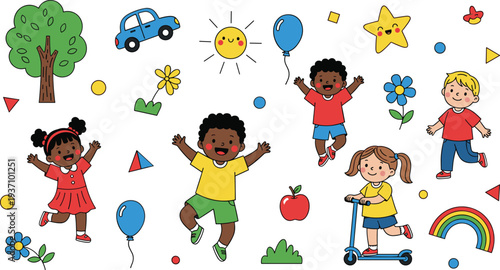 Happy diverse children playing with colorful toys, sun, rainbow, car, and nature elements in a cute flat vector illustration.