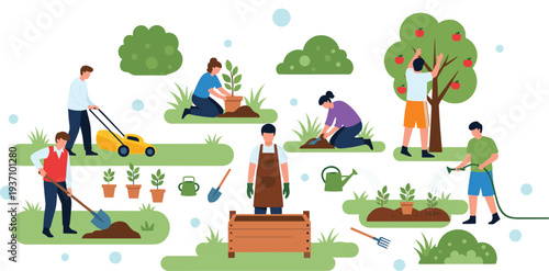 People Gardening and Planting Trees in Garden with Watering Plants Lawn Mowing Composting and Urban Farming Activities Vector Illustration Set