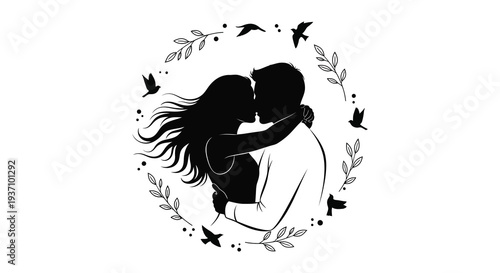 A silhouette of a couple embracing surrounded by birds and delicate floral wreath details high quality
