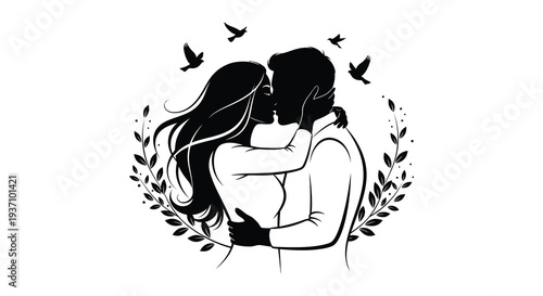 A couple embraces in a passionate kiss framed by foliage and soaring birds above high quality