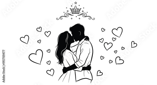 A silhouetted couple embraces in a passionate kiss surrounded by hearts and a regal crown