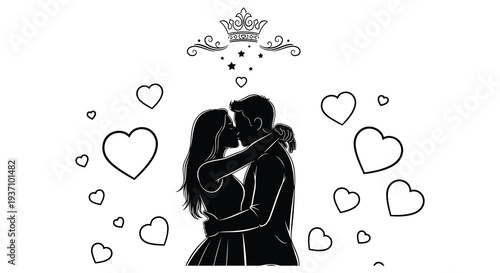 A romantic illustration depicts a silhouetted couple embracing and kissing amidst floating hearts and stars