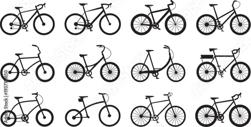 Twelve black and white bicycle silhouettes in three rows of four each bike