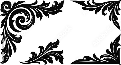 Set of vintage black baroque corner ornaments and filigree floral scroll frames with acanthus leaf motifs for elegant wedding invitations and classic border design elements