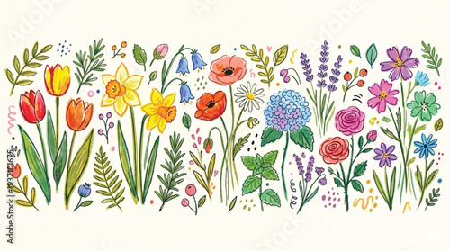 Set of spring and summer abstract hand drawn flowers. Tulips, daffodil, floral cute doodle elements, wildflower, leaves and herb, plants. Colorful drawing brush, crayon, line. Vector illustration