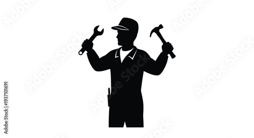 A worker holding tools aloft a striking black figure silhouette