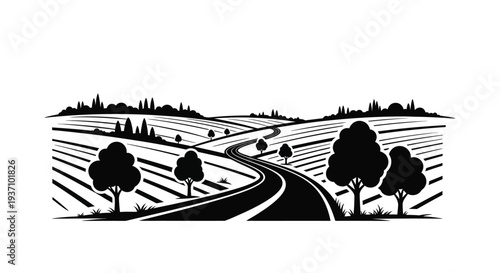 Tableau sur toile Rolling hills and a winding road depicted in a striking black silhouette