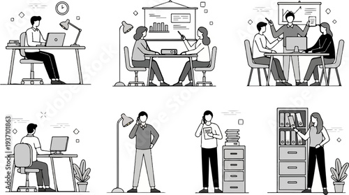 Office life illustrations collaboration, communication, and individual work