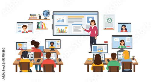 Blended Learning Classroom: Teacher Presenting to In-Person and Remote Students via Video Conference, E-Learning, and Digital Class Technology Illustration.
