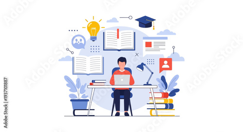 Online Education and Distance Learning Concept. Student studying on laptop, surrounded by books, lightbulb, and graduation symbols.