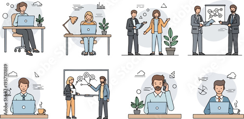 Diverse individuals engaged in office work, meetings, and communication