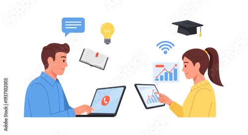 Remote Online Education and E-learning Concept. Students Video Calling, Sharing Knowledge and Data via Laptop and Tablet in a Virtual Classroom.