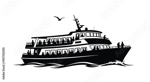 A black silhouette of a ferry boat with passengers on deck silhouette