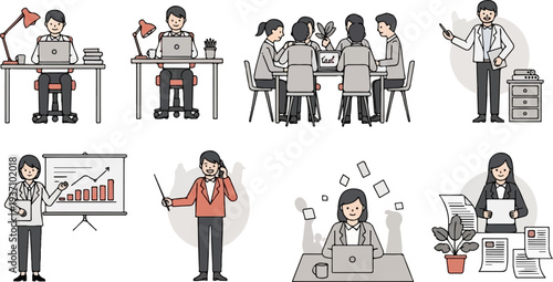 Diverse office scenes individuals working, meetings, presentations, and a phone call