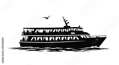 A black silhouette of a cruise ship sailing on water with a bird silhouette