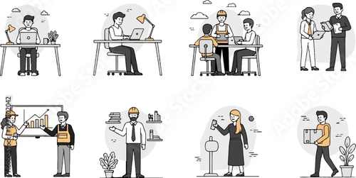 Diverse office scenes individuals working at desks, team meetings, presentations, and deliveries