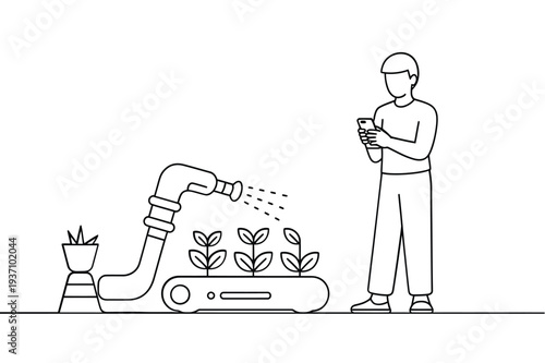 Man using smartphone while automated watering system irrigates plants