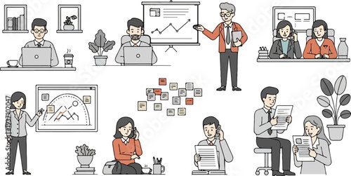 Diverse office staff engaged in various work activities, from presentations to individual tasks and discussions