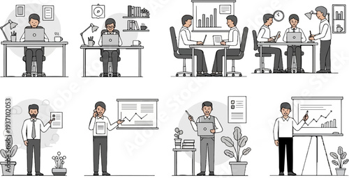 Diverse office scenes individuals working, meetings, and presentations