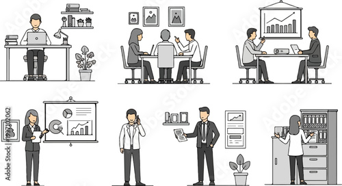 Diverse office scenes featuring people working, presenting, and organizing