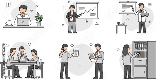 Office illustrations people working, presenting, and organizing