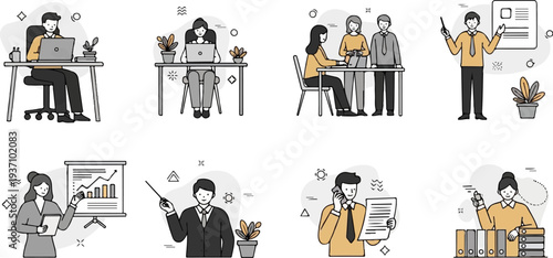 Diverse business scenes with people working and presenting in a simplified graphic style